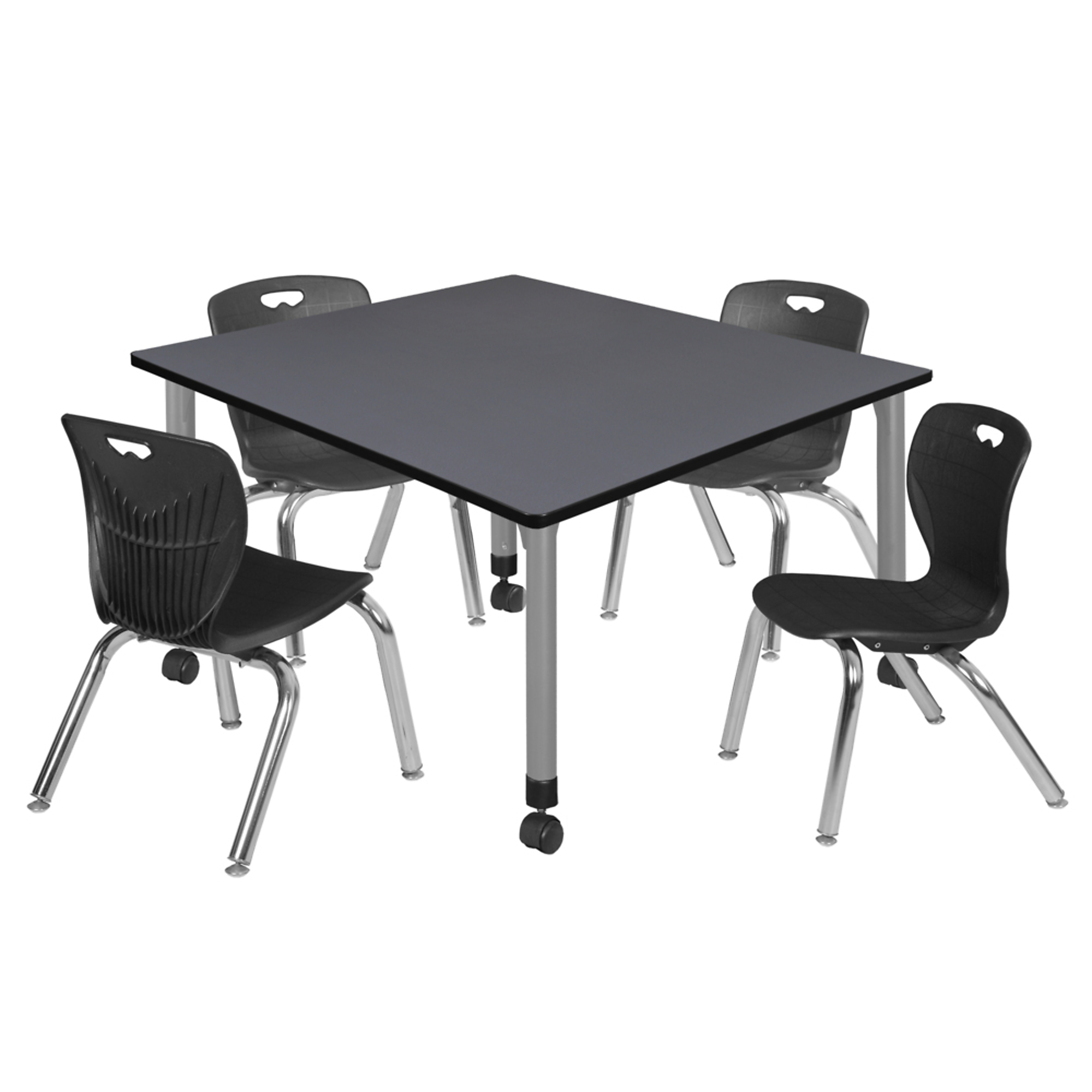 Regency Kee Mobile Classroom Table and Andy Stack Chairs Set — 48in. Square, Adjustable Height, Grey, 4 Pcs, Model# TB4848GYAPCGY45BK